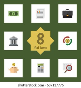 Flat Icon Gain Set Of Calculate, Greenback, Money Box And Other Vector Objects. Also Includes Diplomat, Architecture, Paper Elements.