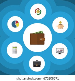 Flat Icon Gain Set Of Calculate, Graph, Interchange And Other Vector Objects. Also Includes Bank, Wallet, Pocketbook Elements.