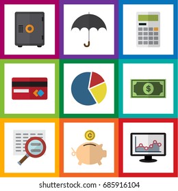 Flat Icon Gain Set Of Calculate, Payment, Chart And Other Vector Objects. Also Includes Chart, Beach, Bank Elements.
