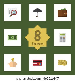Flat Icon Gain Set Of Cash, Billfold, Parasol And Other Vector Objects. Also Includes Pocketbook, Parasol, Shiner Elements.