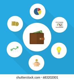 Flat Icon Gain Set Of Graph, Billfold, Growth And Other Vector Objects. Also Includes Arrow, Light, Bulb Elements.