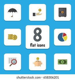 Flat Icon Gain Set Of Greenback, Strongbox, Parasol And Other Vector Objects. Also Includes Coin, Strongbox, Greenback Elements.