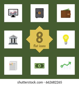 Flat Icon Gain Set Of Greenback, Growth, Strongbox And Other Vector Objects. Also Includes Graph, Dollar, Building Elements.