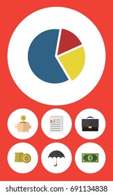 Flat Icon Gain Set Of Greenback, Parasol, Cash And Other Vector Objects. Also Includes Pie, Briefcase, Shiner Elements.