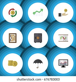 Flat Icon Gain Set Of Growth, Strongbox, Hand With Coin Vector Objects. Also Includes Beach, Chart, Safe Elements.