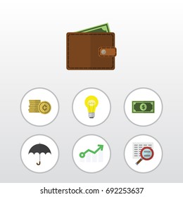 Flat Icon Gain Set Of Growth, Billfold, Greenback And Other Vector Objects. Also Includes Scan, Coin, Greenback Elements.