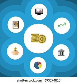 Flat Icon Gain Set Of Money Box, Growth, Chart And Other Vector Objects. Also Includes Building, Shiner, Architecture Elements.