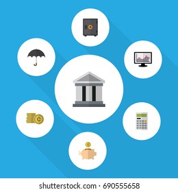 Flat Icon Gain Set Of Parasol, Cash, Money Box And Other Vector Objects. Also Includes Calculator, Box, Safe Elements.