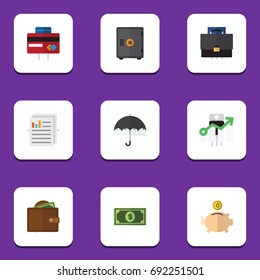 Flat Icon Gain Set Of Parasol, Money Box, Portfolio And Other Vector Objects. Also Includes Diagram, Strongbox, Growth Elements.
