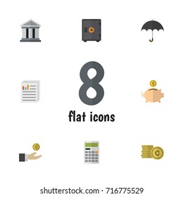 Flat Icon Gain Set Of Parasol, Bank, Cash And Other Vector Objects. Also Includes Calculator, Safe, Cash Elements.