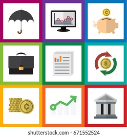 Flat Icon Gain Set Of Portfolio, Cash, Money Box And Other Vector Objects. Also Includes Architecture, Diagram, Coin Elements.
