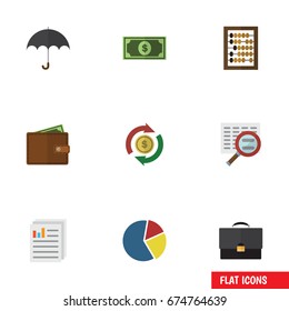 Flat Icon Gain Set Of Portfolio, Scan, Counter And Other Vector Objects. Also Includes Bar, Graph, Pocketbook Elements.