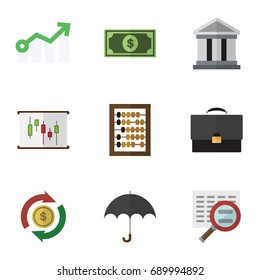 Flat Icon Gain Set Of Portfolio, Parasol, Counter And Other Vector Objects. Also Includes Greenback, Portfolio, Dollar Elements.