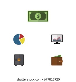 Flat Icon Gain Set Of Strongbox, Chart, Billfold And Other Vector Objects. Also Includes Billfold, Graph, Monitor Elements.