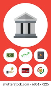 Flat Icon Gain Set Of Strongbox, Bank, Hand With Coin Vector Objects. Also Includes Hand, Card, Interchange Elements.