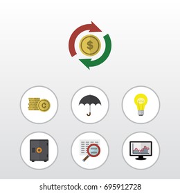 Flat Icon Gain Set Of Strongbox, Cash, And Other Vector Objects. Also Includes Coin, Shiner, Interchange Elements.
