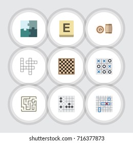 Flat Icon Games Set Of Labyrinth, Chess Table, Gomoku And Other Vector Objects. Also Includes Lottery, Puzzle, Renju Elements.