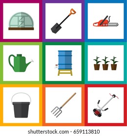 Flat Icon Garden Set Of Bailer, Pail, Hothouse And Other Vector Objects. Also Includes Plant, Saw, Fork Elements.