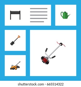Flat Icon Garden Set Of Bailer, Grass-Cutter, Barbecue And Other Vector Objects. Also Includes Barbecue, Tool, Spade Elements.