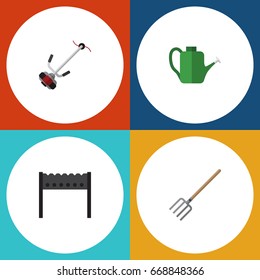 Flat Icon Garden Set Of Bailer, Barbecue, Hay Fork And Other Vector Objects. Also Includes Lawn, Watering, Tool Elements.