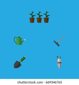 Flat Icon Garden Set Of Bailer, Harrow, Trowel And Other Vector Objects. Also Includes Shovel, Botany, Can Bailer Elements.