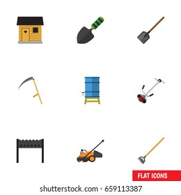 Flat Icon Garden Set Of Barbecue, Stabling, Lawn Mower And Other Vector Objects. Also Includes Hoe, Container, Mower Elements.