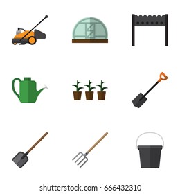 Flat Icon Garden Set Of Barbecue, Shovel, Hothouse And Other Vector Objects. Also Includes Mower, Can Bailer, Pitchfork Elements.