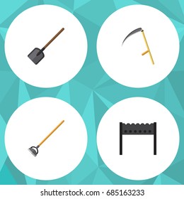 Flat Icon Garden Set Of Barbecue, Tool, Shovel And Other Vector Objects. Also Includes Spade, Cutter, Gardening Elements.