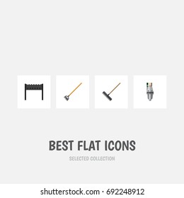Flat Icon Garden Set Of Barbecue, Harrow, Tool And Other Vector Objects. Also Includes Equipment, Bbq, Barbecue Elements.
