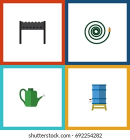Flat Icon Garden Set Of Barbecue, Container, Hosepipe And Other Vector Objects. Also Includes Brazier, Container, Bbq Elements.