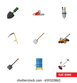 Flat Icon Garden Set Of Container, Hay Fork, Cutter And Other Vector Objects. Also Includes Pump, Spatula, Shovel Elements.