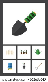 Flat Icon Garden Set Of Container, Hay Fork, Trowel And Other Vector Objects. Also Includes Can Bailer, Fence, Flowerpot Elements.