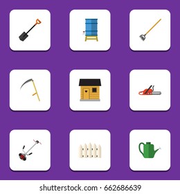 Flat Icon Garden Set Of Container, Wooden Barrier, Spade And Other Vector Objects. Also Includes Scythe, Fence, Spade Elements.
