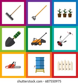 Flat Icon Garden Set Of Container, Harrow, Hacksaw And Other Vector Objects. Also Includes Tank, Flowerpot, Spatula Elements.