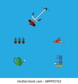 Flat Icon Garden Set Of Container, Flowerpot, Hacksaw And Other Vector Objects. Also Includes Mower, Cutter, Botany Elements.