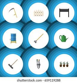 Flat Icon Garden Set Of Cutter, Tool, Bailer And Other Vector Objects. Also Includes Barbecue, Harrow, Equipment Elements.