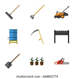 Flat Icon Garden Set Of Cutter, Hacksaw, Container And Other Vector Objects. Also Includes Bbq, Saw, Gardening Elements.