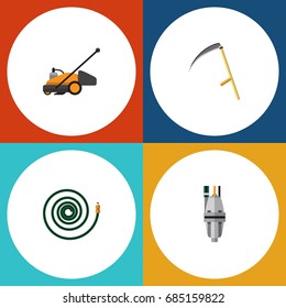 Flat Icon Garden Set Of Cutter, Lawn Mower, Pump And Other Vector Objects. Also Includes Lawn, Tool, Garden Elements.