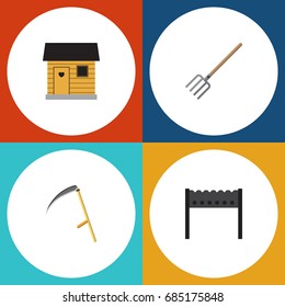 Flat Icon Garden Set Of Cutter, Hay Fork, Stabling And Other Vector Objects. Also Includes Stabling, Scythe, Farmhouse Elements.