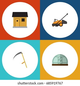 Flat Icon Garden Set Of Cutter, Lawn Mower, Stabling And Other Vector Objects. Also Includes Tool, Cutter, Farmhouse Elements.