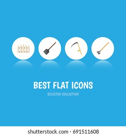 Flat Icon Garden Set Of Cutter, Wooden Barrier, Tool And Other Vector Objects. Also Includes Shovel, Wooden, Scythe Elements.