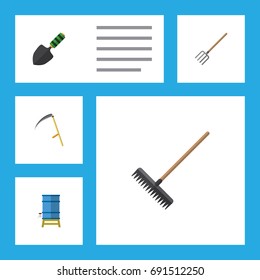 Flat Icon Garden Set Of Cutter, Hay Fork, Container And Other Vector Objects. Also Includes Scythe, Trowel, Container Elements.