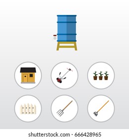 Flat Icon Garden Set Of Flowerpot, Container, Wooden Barrier And Other Vector Objects. Also Includes Fork, Fence, Botany Elements.