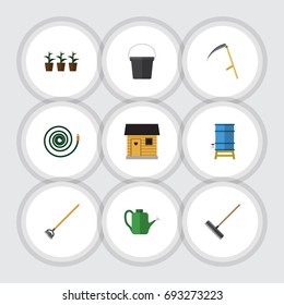 Flat Icon Garden Set Of Flowerpot, Stabling, Cutter And Other Vector Objects. Also Includes Hosepipe, Stabling, Hose Elements.