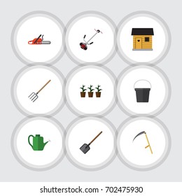 Flat Icon Garden Set Of Flowerpot, Hay Fork, Grass-Cutter And Other Vector Objects. Also Includes Flowerpot, Spade, Plant Elements.