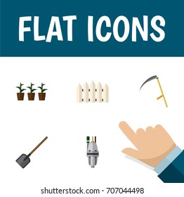 Flat Icon Garden Set Of Flowerpot, Wooden Barrier, Cutter And Other Vector Objects. Also Includes Wooden, Fence, Equipment Elements.