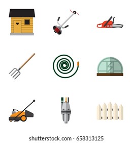 Flat Icon Garden Set Of Grass-Cutter, Hosepipe, Wooden Barrier And Other Vector Objects. Also Includes Wooden, Hacksaw, Pump Elements.