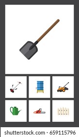 Flat Icon Garden Set Of Grass-Cutter, Wooden Barrier, Lawn Mower And Other Vector Objects. Also Includes Barrier, Container, Shovel Elements.