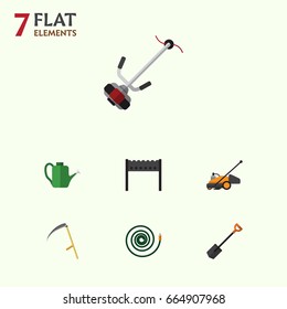 Flat Icon Garden Set Of Grass-Cutter, Spade, Hosepipe And Other Vector Objects. Also Includes Cutter, Scythe, Spade Elements.