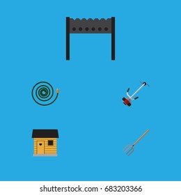Flat Icon Garden Set Of Grass-Cutter, Stabling, Barbecue And Other Vector Objects. Also Includes Pitchfork, Lawn, Bbq Elements.